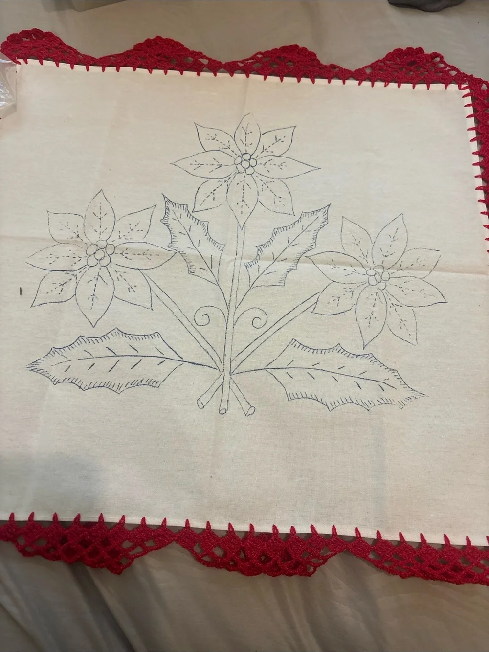 Hand-Embroidered White Tablecloth with Green Crochet Edge